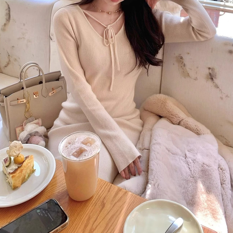 One Glance Camel Velvet Rabbit Velvet Wool Lace-up Knitted dress Women's Winter New Sweater Dress