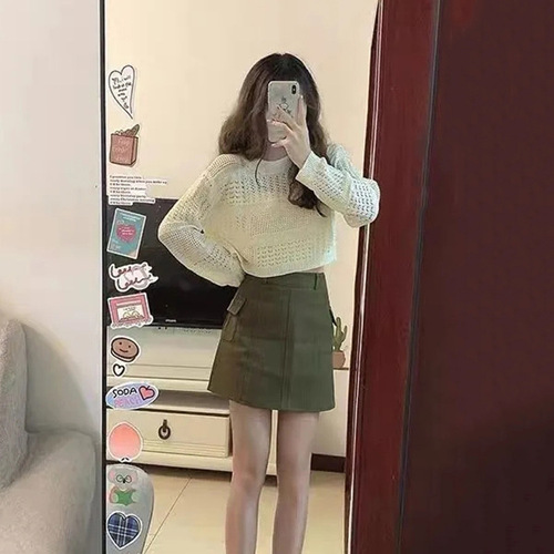 Knitted long-sleeve women's summer hollow-out versatile thin ice-silk relaxed-fit pullover with a stylish design—perfect for petite figures