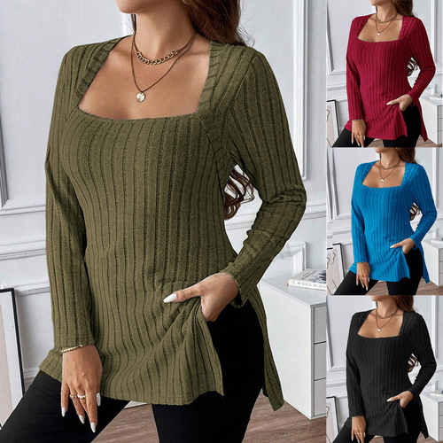 Autumn and winter independent station new women's clothes pure color pit strip sanded square collar long-sleeved shirt