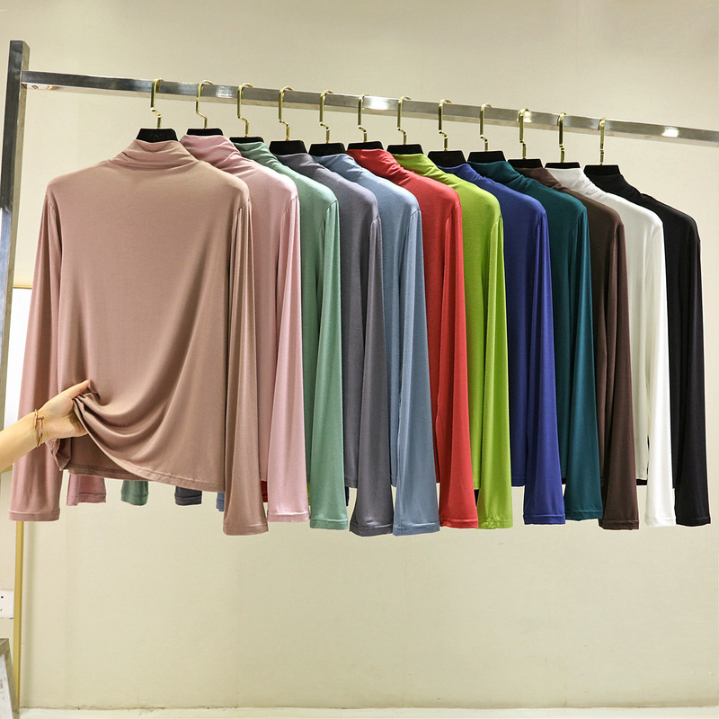 Spring and Autumn New Bit Cotton High Collar Long Sleeve Base Shirt Korean Loose Simple Large Size T-shirt Elegant Commuter Top