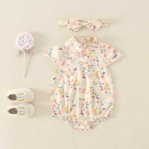 0-2 years old baby thin summer 2024 new girl baby retro floral cheongsam with headband for outdoor wear