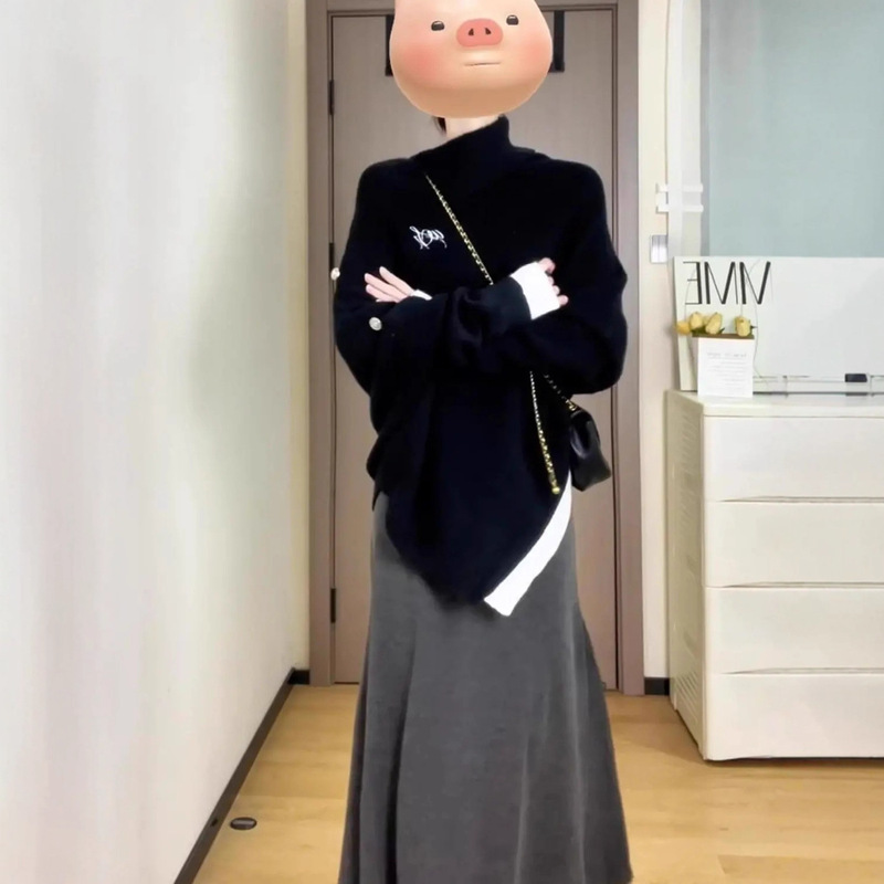 两件/套装韩系复古小个子高领不规则斗篷针织毛衣女+鱼尾半身长裙|undefined
