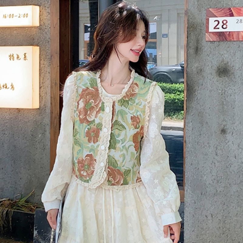 提花马甲刺绣连衣裙两件套2025春秋新款甜美减龄法式仙女套装裙子|undefined