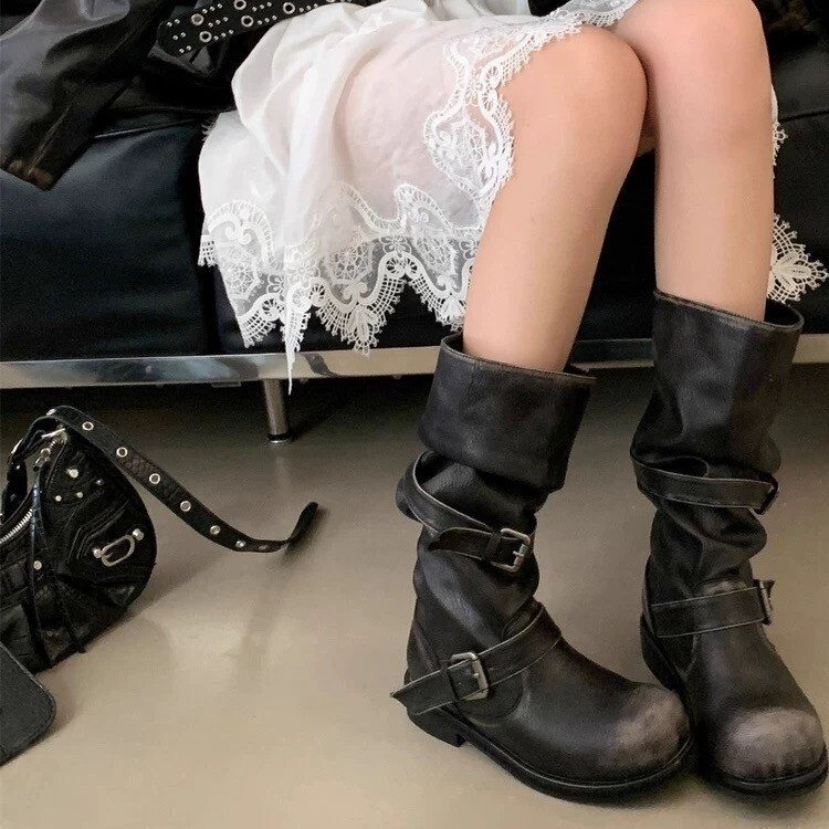 2025长靴骑士靴厚底圆头复古皮带扣显瘦长筒靴女秋冬中高筒靴|undefined
