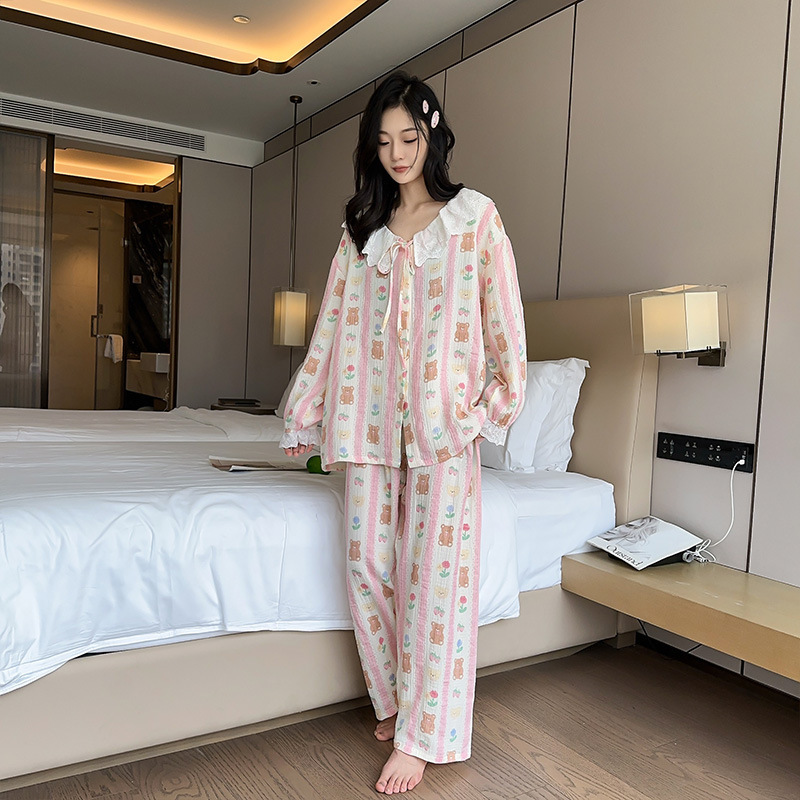 Pure Cotton Plus-Size Pajamas with Doll Collar and Bear Print, Long-Sleeved, Oversized and Extra-Large, Suitable for Outerwear, Women's Loungewear Set Pure Cotton Plus-Size Pajamas with Doll Collar and Bear Print, Long-Sleeved, Oversized and Extra-Large, Suitable for Outerwear, Women's Loungewear Set