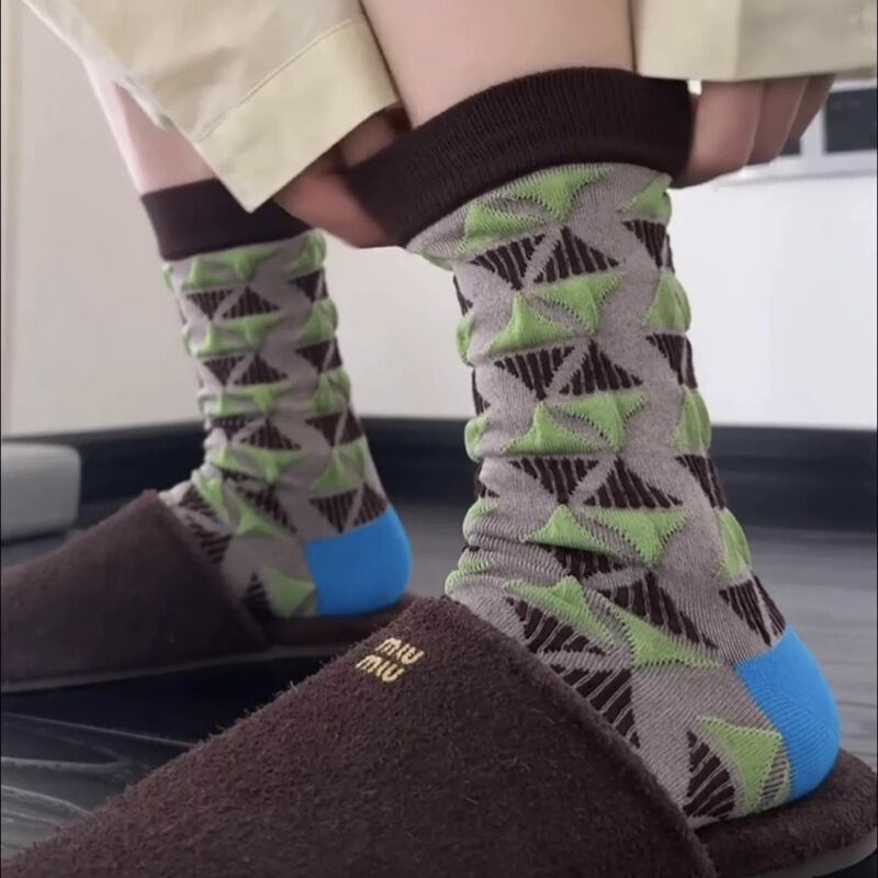 Japanese Retro Color-Blocking Embossed Pattern Mid-Calf Socks for Women Spring and Summer Plant Floral Slouch Socks Ins Trendy Women's Socks