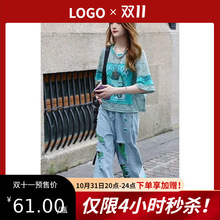 欧洲站夏季新款洋气百搭休闲圆领恤女时尚高腰牛仔裤两件套