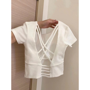 New Summer Sports Top with Chest Pad, Backless Right Shoulder Slim Short T-Shirt, Sweet Sexy Cross Waist Exposed Short Sleeves