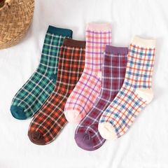 秋冬襪子女 彩色格子全棉中筒女襪 百搭休閒襪韓版女士襪子