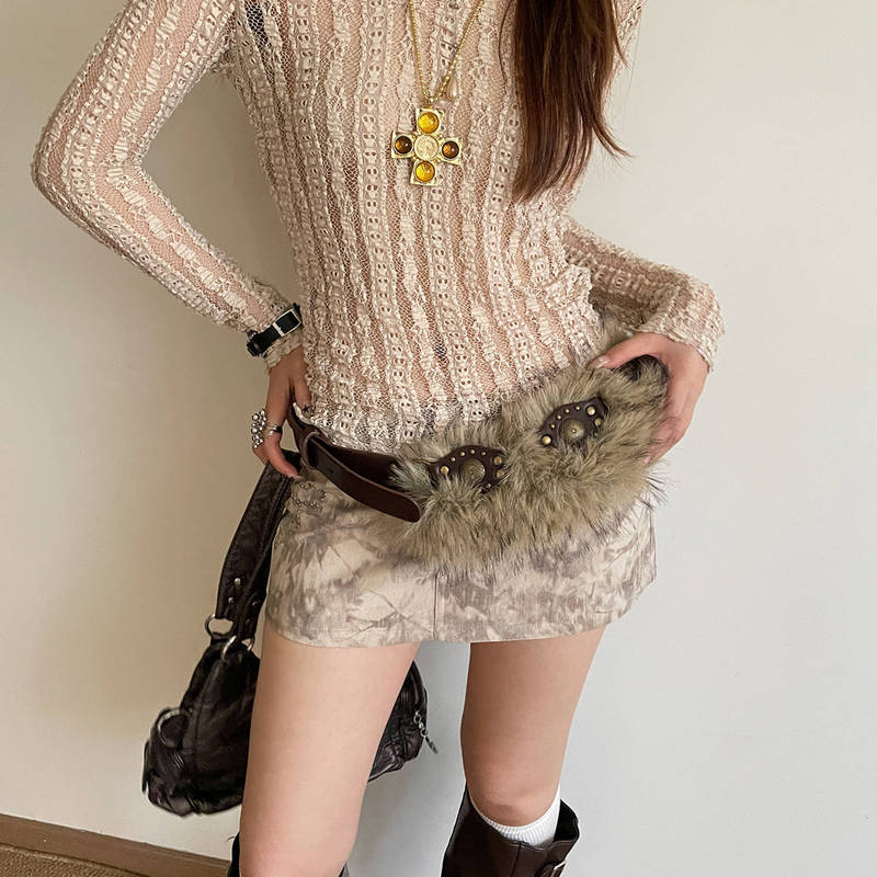 ミレニアムレトロセクシースタイルY2Kスタッズベルト レディース おしゃれデザイン ファー付きパッチワークウエストベルト アウトドア用|undefined