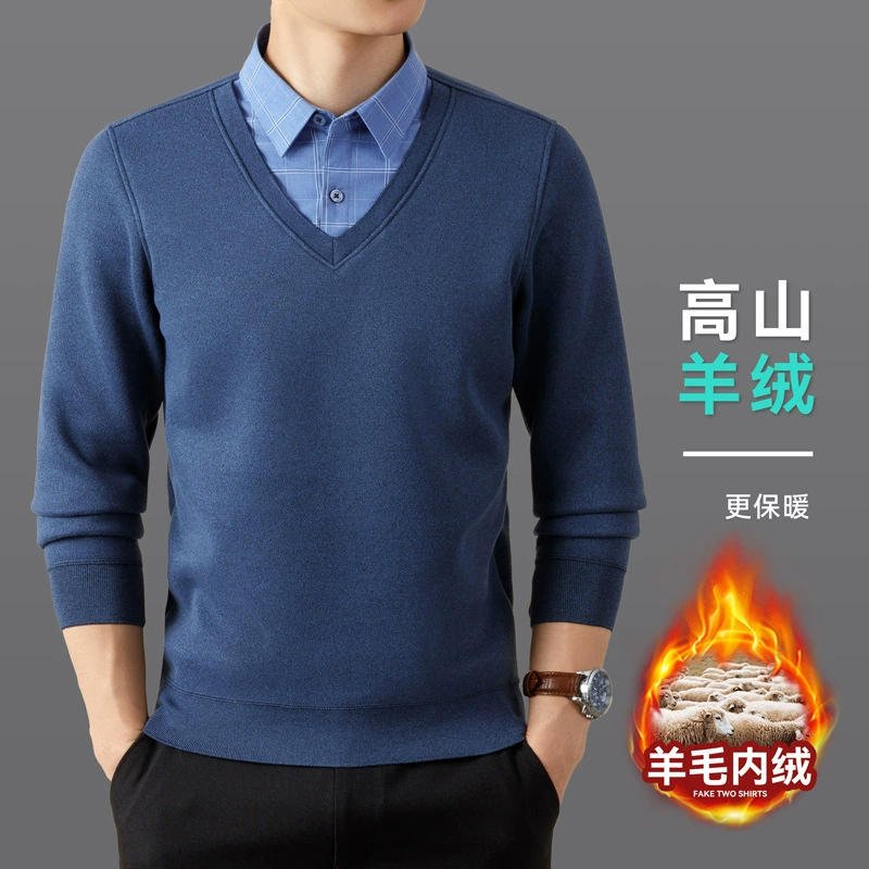 Новый стиль шерстяной поддельный свитер из двух частей мужской длинный рукав бархат толстый рубашка воротник нижний свитер мужской бизнес повседневный вязаный