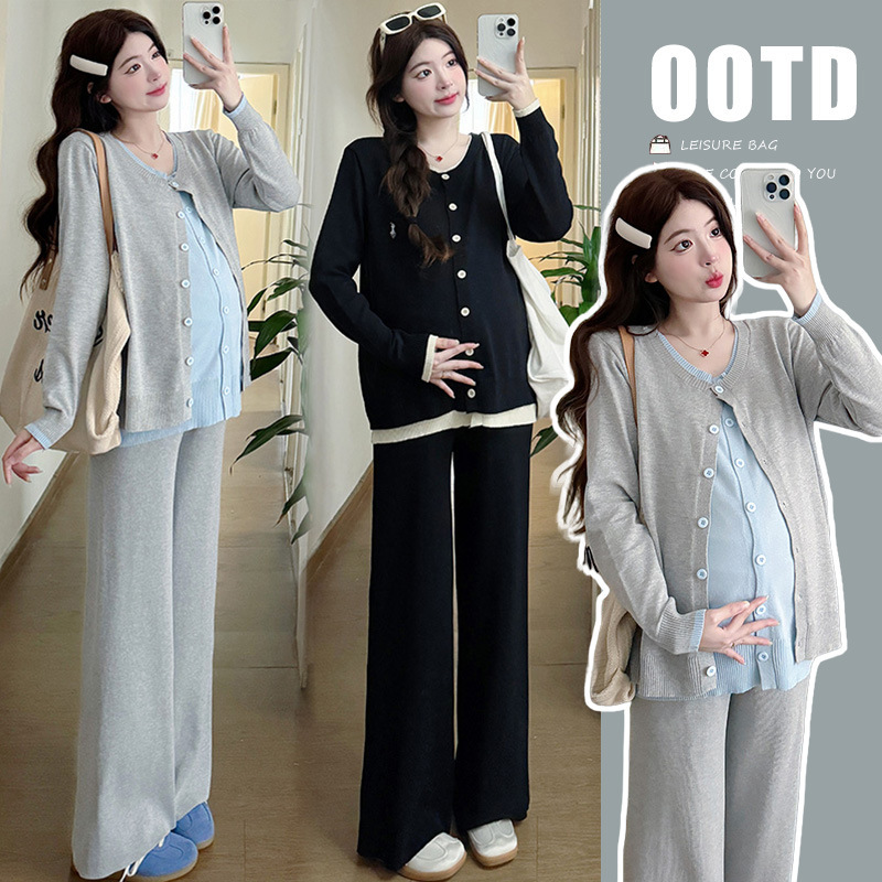 Maternity Autumn Outfit Trendy Mom New Fashion Stylish Knitted Cardigan Casual Two-Piece Set Spring and Autumn Outerwear