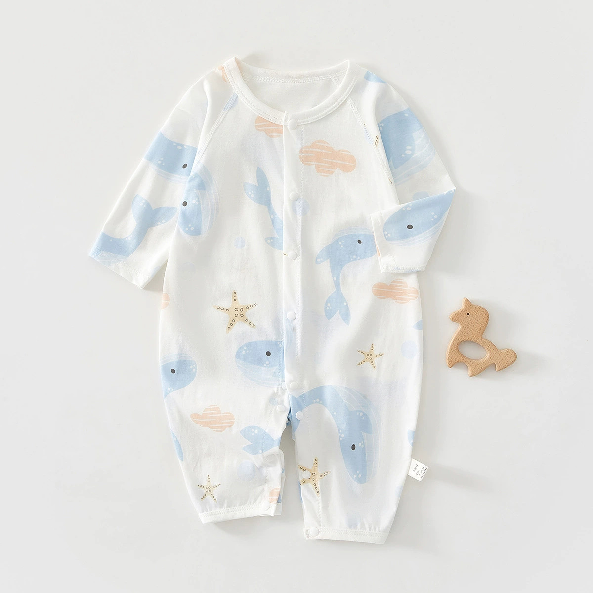 Детская цельная одежда, летняя одежда, детская одежда из чистого хлопка без костей с кондиционером, тонкие пижамы для новорожденных, шаровары с длинными рукавами.