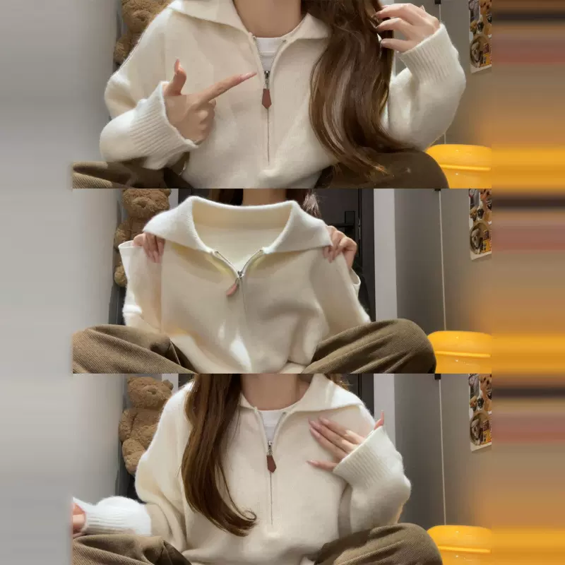 半拉链polo翻领毛衣女秋冬加厚慵懒风外穿叠穿内搭针织打底衫上衣