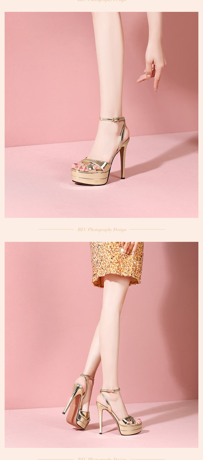 Sandal cao gót nữ hở mũi gót nhọn 12 cm đế platform 4 cm da thật — Màu vàng chi tiết 9