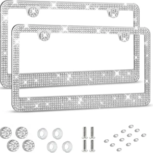 Car license plate frame with diamonds, high-end cross-border crystal diamond license plate holder, simple and stylish, US standard license plate frame for women