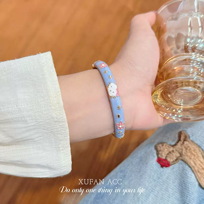 趣味可爱凯蒂猫宽边滴油手镯女小众独特个性手镯手环时尚珐琅手链