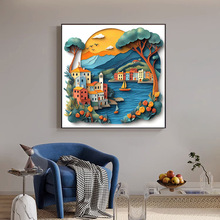 创意治愈系海边小镇风景立体画挂画卡通手工装饰画儿童房背景墙
