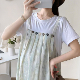 Maternity Wear 2025 New Summer Trendy Mom Pregnancy Wear Loose Fake Two-Piece Splicing Suspender Skirt Maternity Dress