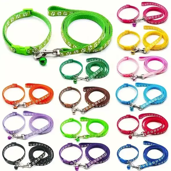 Dog Leash with Bell, Pet Collar, Small Dog Walking Set, Paw Print, Small and Medium-Sized Cat Leash