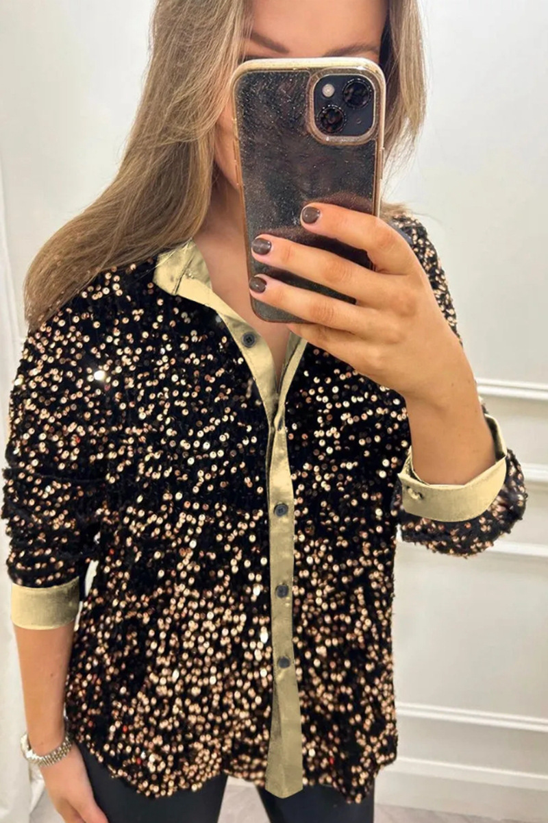 Women's Glitter Sequin Button-up Shirt Elegant Trendy Blouse_voghion.com