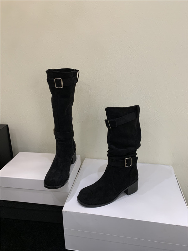 粗跟圆头绒面中筒靴女2025秋冬新款时装靴两穿女靴复古皮带扣短靴|undefined