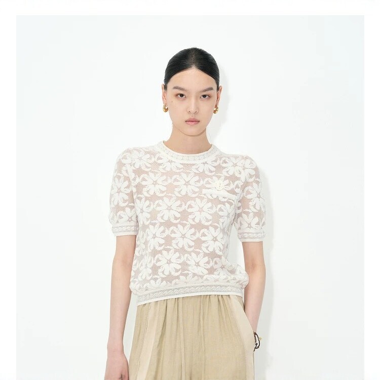 2026 Summer New Style Linen French Crochet Hollow-Out Knit Top Short-Sleeve Round-Neck Slim Lace Blouse for Women Retro Sweet