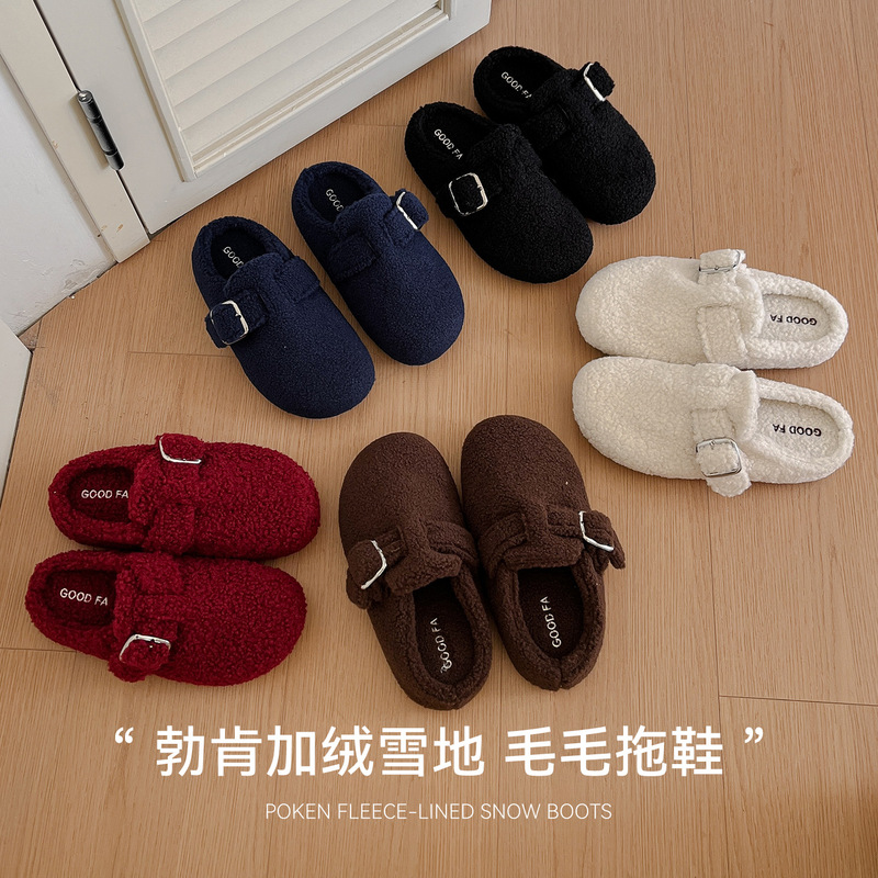 Couple Birkenstock Shoes, Autumn and Winter Warm Fleece-Lined Snow Furry Shoes, Comfortable Outer Slippers, Home Shoes, Half-Slippers, Soft-Soled Shoes