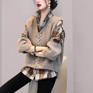 Foreign-style Plaid Shirt Knitted Vest Vest Two-piece suit Vest New Women's High-end suit for Autumn and Winter 2024