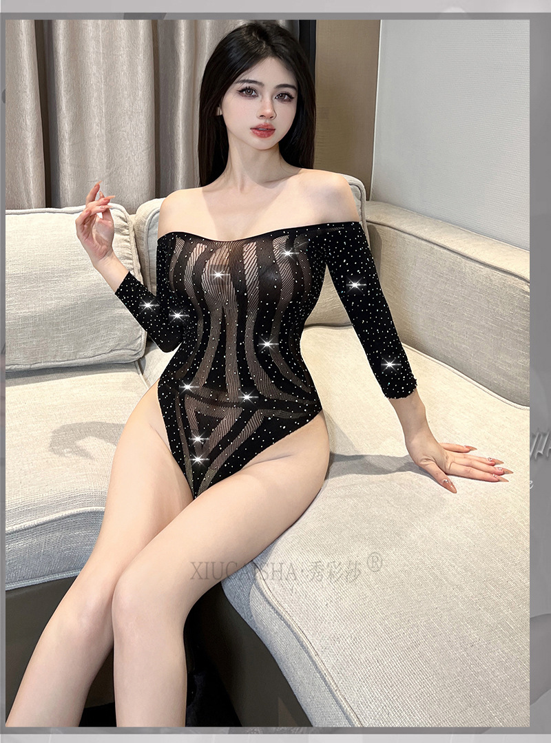 Hollow-Out Fishnet Bodystocking with Rhinestone Detail, Black Plus Size One-Piece Lingerie — detail image 15