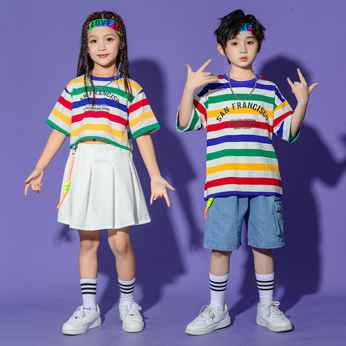 Boys girls rainbow striped hiphop street dance costumes rapper singers dancers outfits Cheerleaders performance uniforms hip-hop clothing kindergarten jazz dance suit games