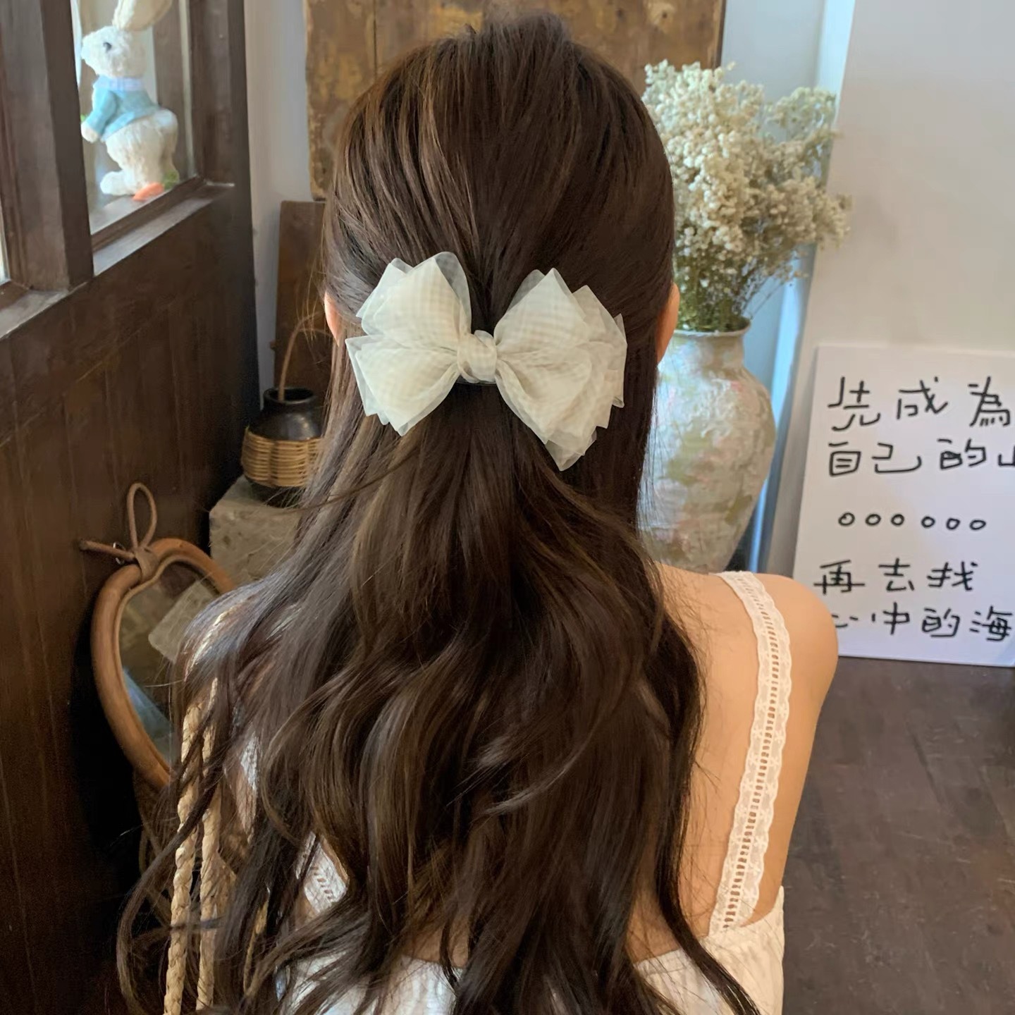 84# light yellow gauze plaid bow banana twist hair clip - 11cm