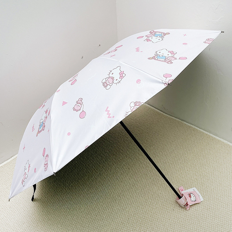 Cute dibujo animado Kitty Pattern Sanrio autorizado paraguas de vinilo anti-plegado anti-UV manual de tres plegados
