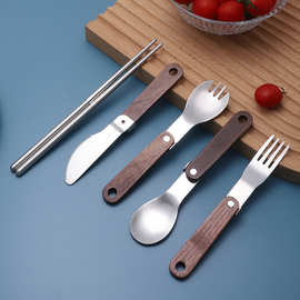 日韩实木柄不锈钢刀叉勺折叠餐具胡桃木柄304不锈钢户外露营餐具