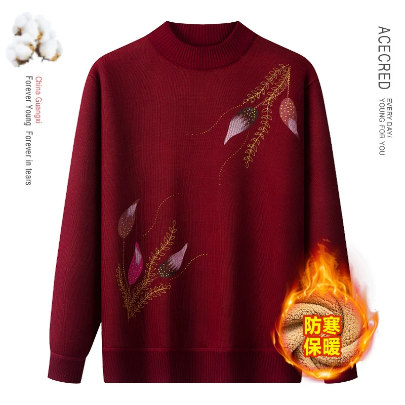 Мама свитер зимний бархатный утолщенный иностранный холодный и теплый нижний свитер 2024 новый средний и пожилой женский осенний и зимний наряд