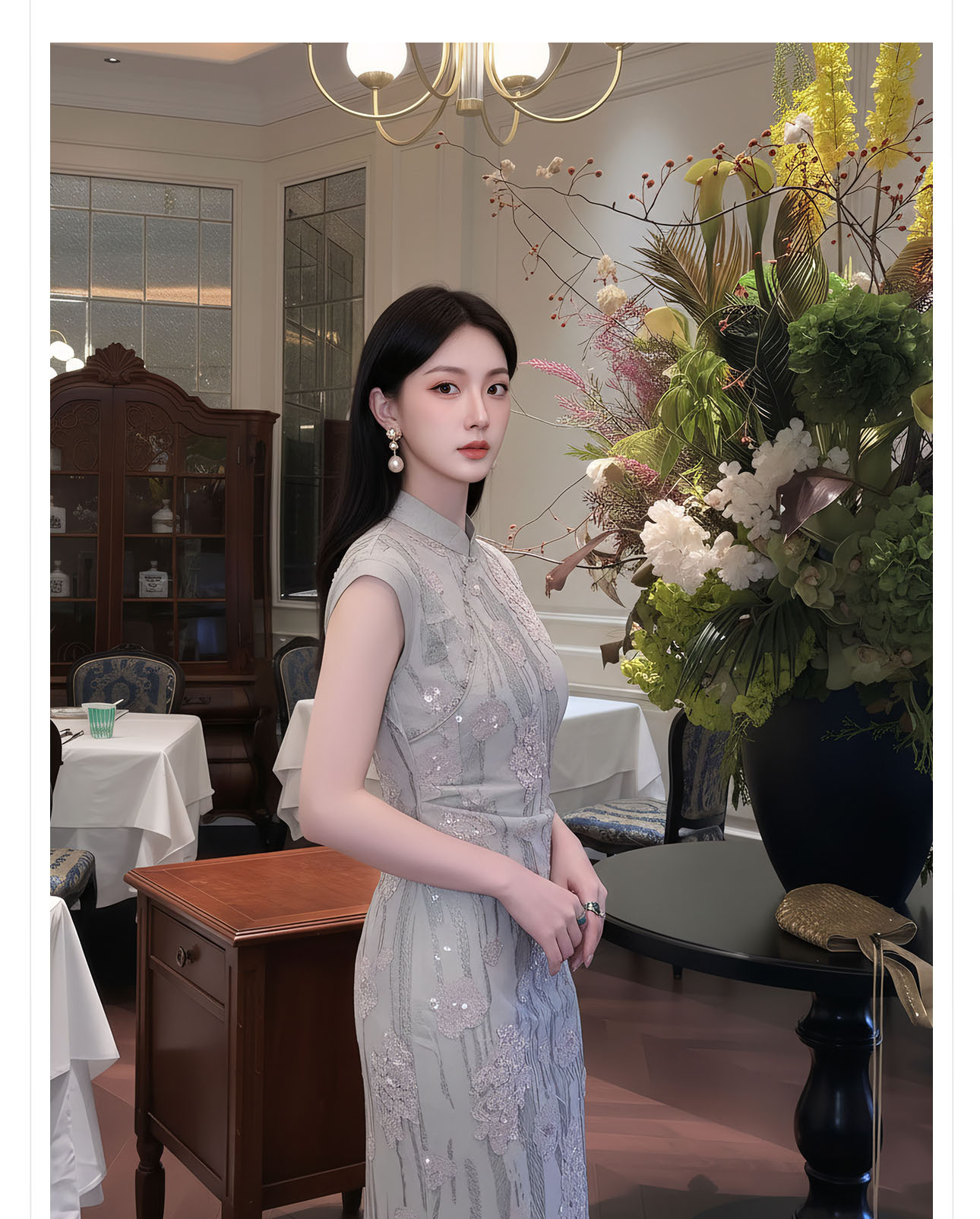 Đầm maxi thắt eo phong cách Tân Trung Hoa ren hoa nổi tay lỡ — Xám gạo chi tiết 5