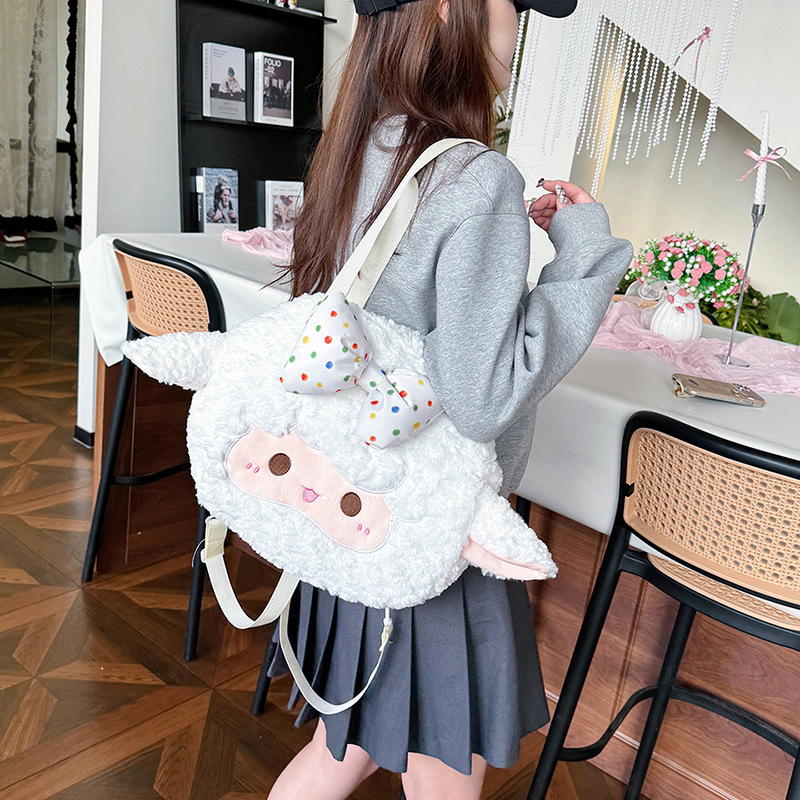 新款网红托特包卡通小羊大容量毛绒单肩包包女秋冬日系可爱双背包