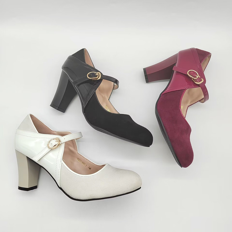 Korean Version 2023 High-Heeled Mary Jane Round-Toe Sweet Shallow Thick-Heeled Single Strap Large Size Women's Shoes Thick-Heeled Women's Shoes