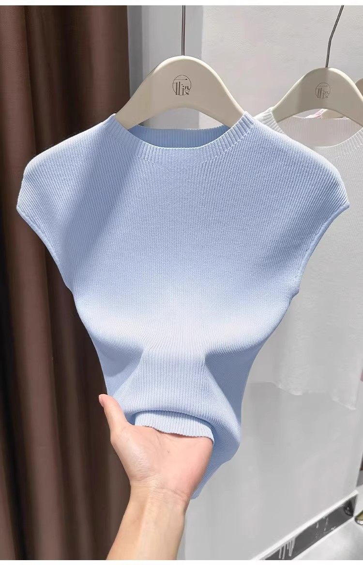 Women's Slim-Fit Short Sleeve Top Ice Silk Cropped Tee Soft Stretchy Casual Shirt for Summer with Flutter Sleeves_ecoleips.com