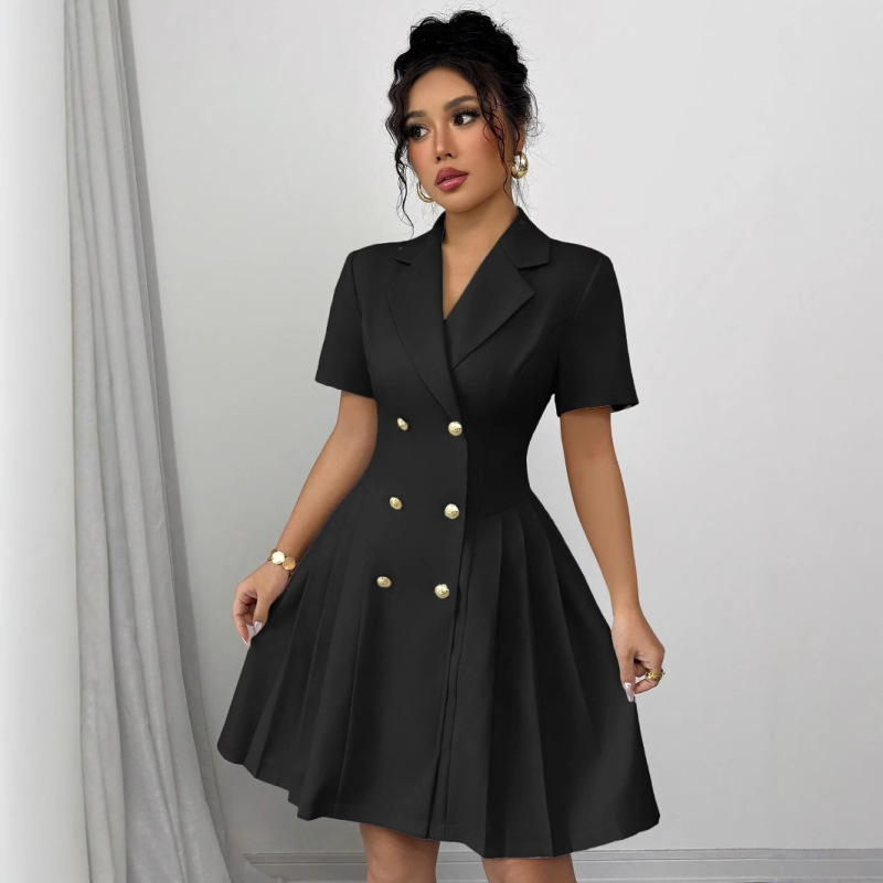 2025 Amazon AliExpress 夏新作ソリッドカラー半袖ウエストダブルブレストドレス婦人服|undefined