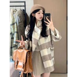 格子呢子大衣女秋冬季2023年新款毛呢外套感小个子中长款