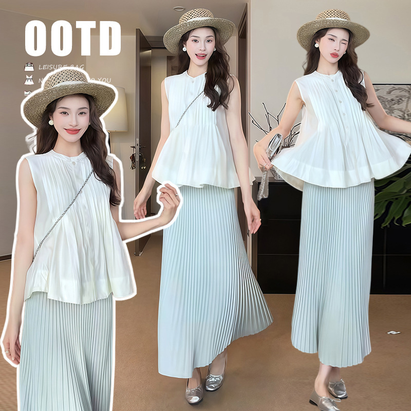Maternity Wear 2026 Summer New Style Pleated Vest Shirt + Pleated Skirt Maternity Set Maternity Wear 2026 Summer New Style Pleated Vest Shirt + Pleated Skirt Maternity Set