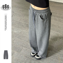 YUU国潮休闲空气层卫裤男女设计感潮牌宽松直筒垂感阔腿长裤KW325