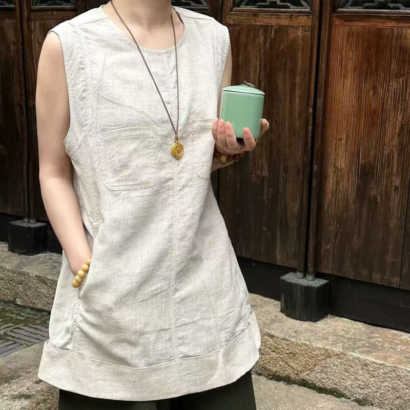 Korean Style Lazy Style White Round Neck Linen Sleeveless Top for Women Spring and Summer New Style High-End Elegant Waist-Cinching Vest