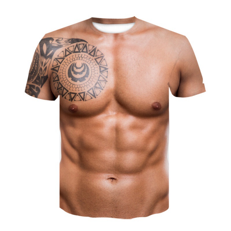 Cross-border e-commerce fake tattoo abdominal muscle 3D printed T-shirt short sleeve funny wonderful creative personality bottoming shirt clothing