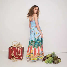 Tropical Palm Print Spaghetti Strap Maxi Dress 印花度假长裙