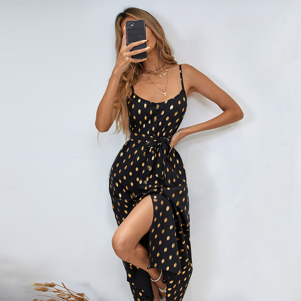 women s slit sleeveless sling polka dot chiffon dress nihaostyles clothing wholesale NSJM73354