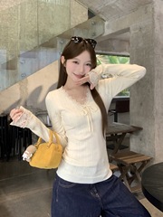 法式纯欲蕾丝花边长袖针织衫女秋冬季收腰显瘦内搭v领打底衫上衣