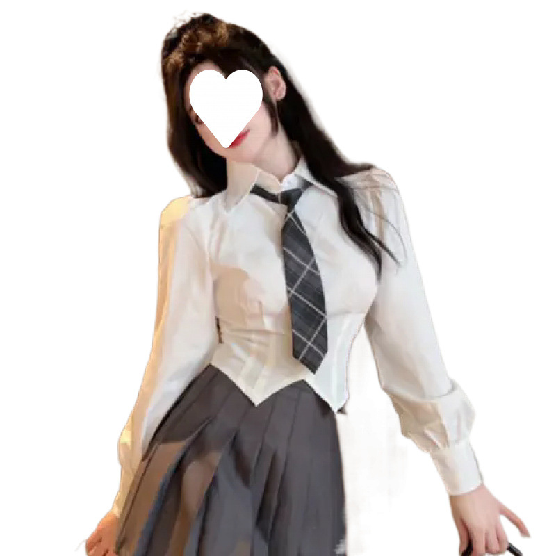 (2개) (시원한 실크면 틈새 디자인 감각) 가을 여성을위한 허리 유니폼 순수한 정욕 스타일 흰색 긴팔 슬림 핫 소녀 셔츠