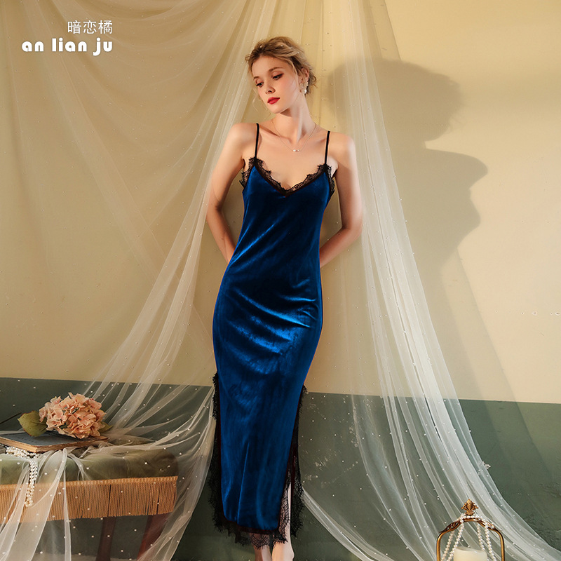 Feiyun nuevo sexy pijama de encaje de terciopelo en V profundo camisón de tirantes privado traje de servicio a domicilio largo en nombre de 137